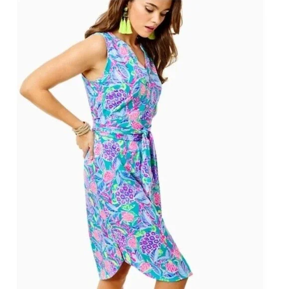 Lilly Pulitzer Sleeveless Cotton Pima Tropical Print Tie Waist Dress Size S - Picture 8 of 9